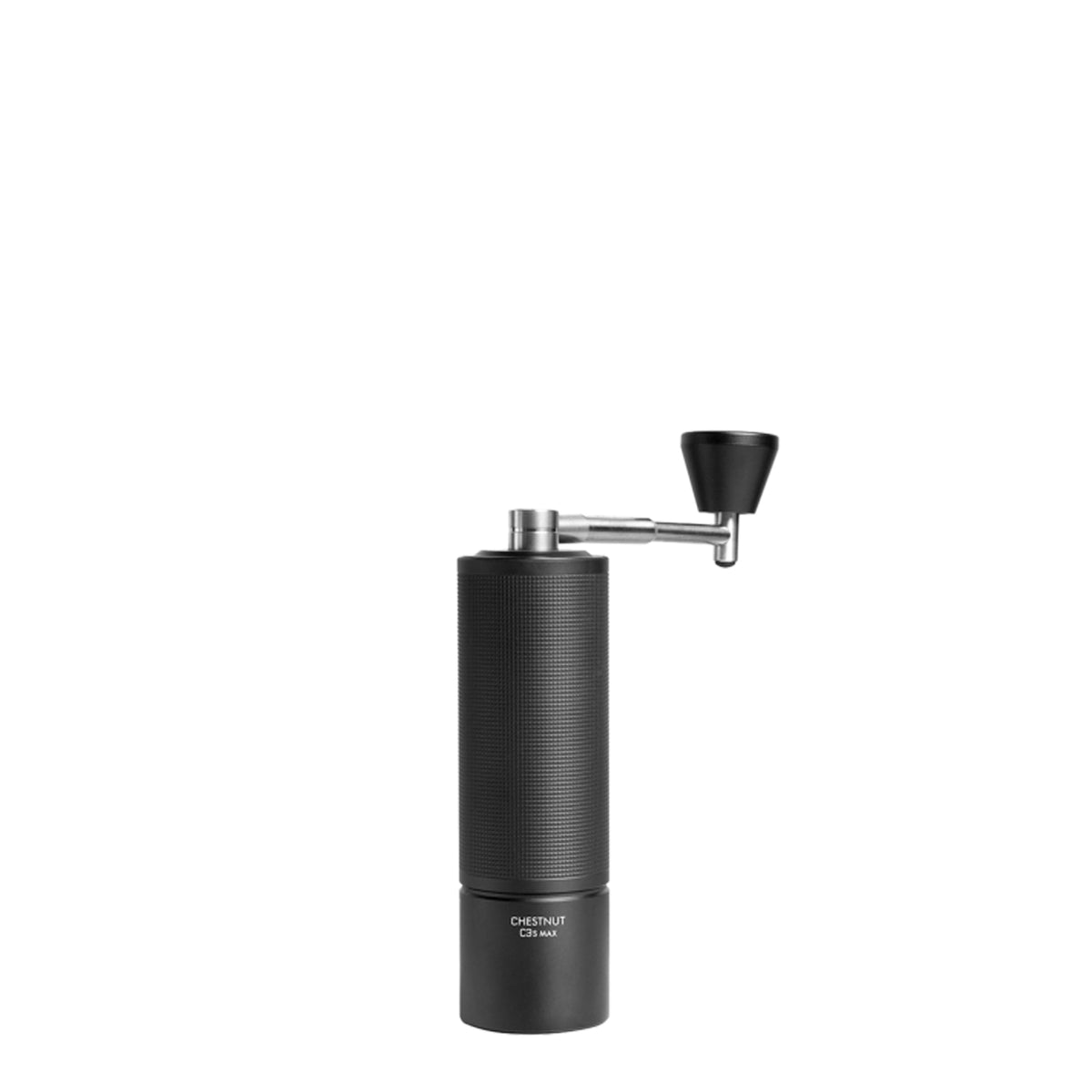 Black coffee grinder with brand name on a white background