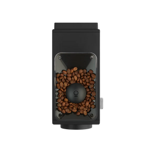 This is the electric grinder Ode Gen 2 in the colour black, in the image is possible to see coffee beans placed inside the electric grinder.
